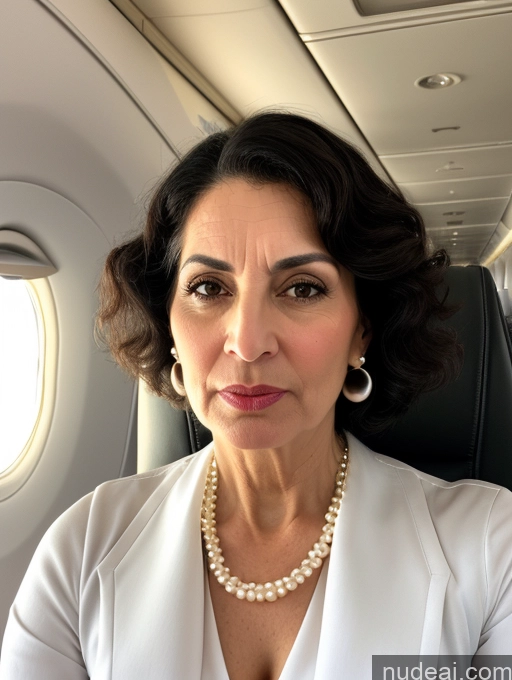 ai nude image of woman in white jacket and pearls on airplane looking at camera pics of Woman Busty Skinny Short 60s Shocked Angry Black Hair Jewish Front View Dress Traditional Stylish Pearl Jewelry Flight Attendant