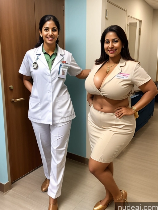 ai nude image of arafed woman in a white lab coat and a woman in a tan dress pics of Huge Boobs Big Ass Big Hips 30s Cleavage Gold Jewelry Skinny Abs Happy Indian Hospital Doctor