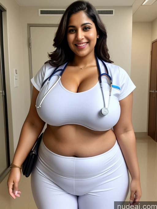 ai nude image of arafed woman in white top and white pants with a stethoscope pics of Huge Boobs Big Ass Big Hips 30s Skinny Abs Happy Indian Hospital Doctor Detailed Cleavage Muffin Top