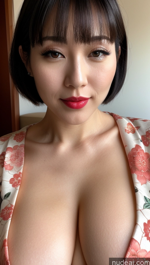 ai nude image of arafed asian woman with a big breast posing for a picture pics of Woman Beautiful Huge Boobs One Lipstick Fairer Skin 30s Black Hair Bobcut Japanese Close-up View Detailed Simple Kimono