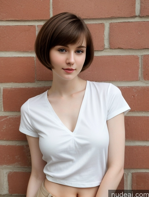 ai nude image of arafed woman in a white shirt and tan pants leaning against a brick wall pics of Small Tits Beautiful Skinny Fairer Skin 18 Brunette Russian Close-up View Shirt Short Hair