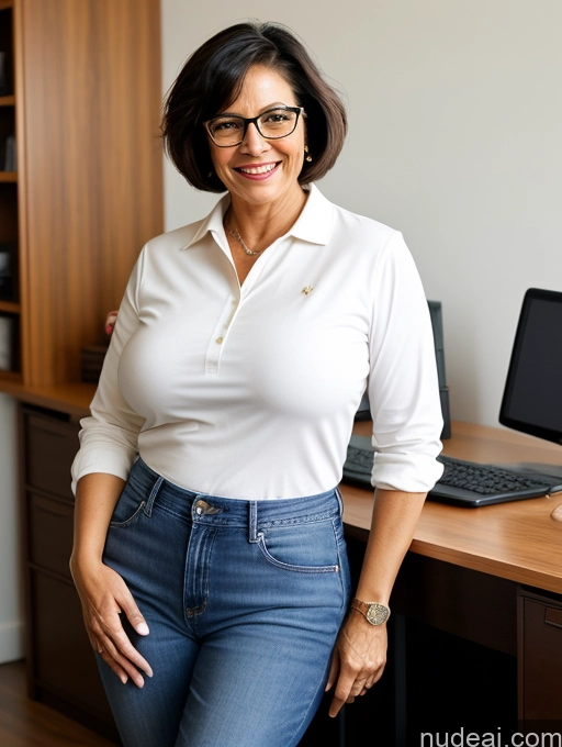 ai nude image of smiling woman in white shirt and jeans standing in front of a desk pics of Huge Boobs Glasses Big Ass Thick Short Pubic Hair 60s Happy Black Hair Short Hair White Office Polo Jeans Milf