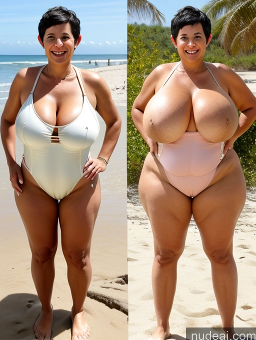 ai nude image of there are two pictures of a woman in a white swimsuit on the beach pics of Huge Boobs Big Ass Thick Short Pubic Hair 60s Black Hair White Milf Pixie Cleavage Laughing Beach One Piece Swimsuit Hairy Women Onoff