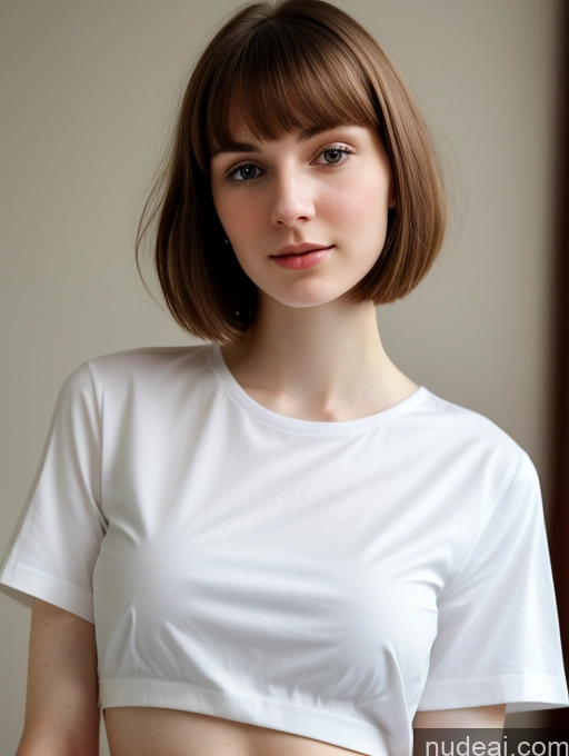 ai nude image of arafed woman with short hair wearing a white shirt and jeans pics of Small Tits Beautiful Skinny Fairer Skin 18 Brunette Russian Close-up View Shirt Bobcut