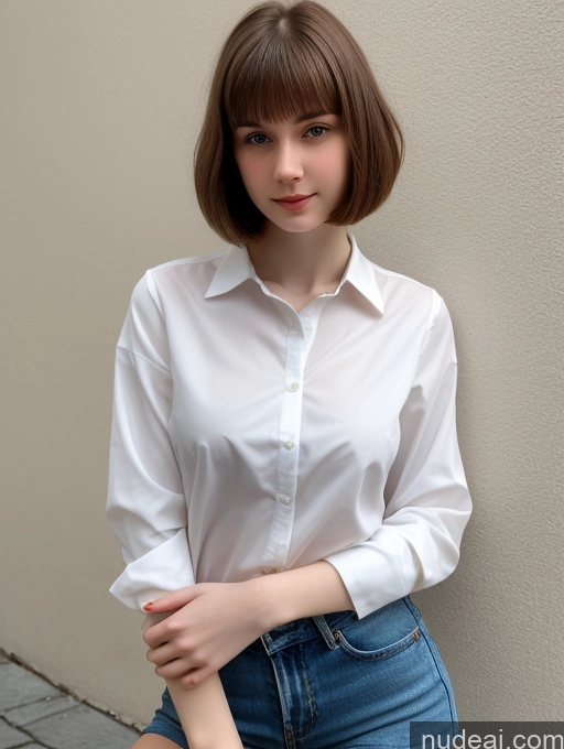 ai nude image of arafed woman in a white shirt and blue jeans leaning against a wall pics of Small Tits Beautiful Skinny Fairer Skin 18 Brunette Russian Close-up View Shirt Bobcut