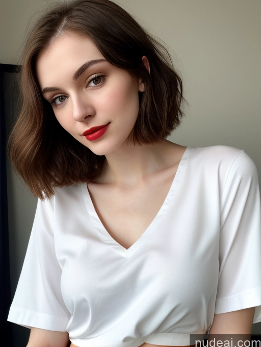 ai nude image of arafed woman with a white shirt and red lipstick posing for a picture pics of Small Tits Beautiful Skinny Fairer Skin 18 Brunette Russian Close-up View Shirt Bobcut Lipstick