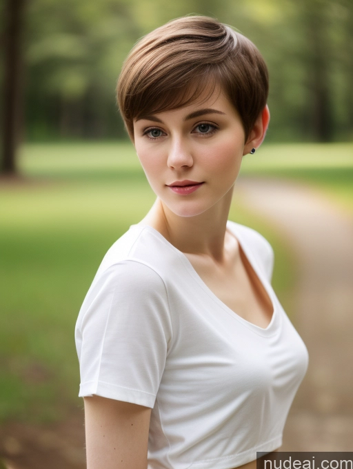 ai nude image of arafed woman with short hair and a white shirt posing for a picture pics of Small Tits Beautiful Skinny Fairer Skin 18 Brunette Russian Close-up View Shirt Pixie