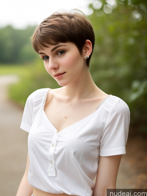 ai nude image of arafed woman with short hair wearing a white shirt and jeans pics of Small Tits Beautiful Skinny Fairer Skin 18 Brunette Russian Close-up View Shirt Pixie