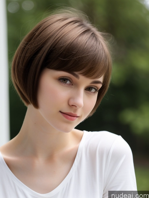 ai nude image of arafed woman with short brown hair and white shirt looking at camera pics of Small Tits Beautiful Skinny Fairer Skin 18 Brunette Russian Close-up View Shirt Short Hair