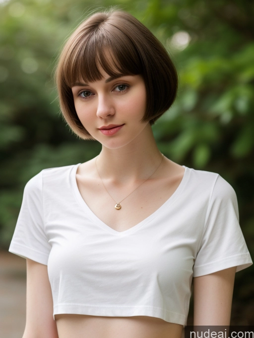 ai nude image of arafed woman with short hair wearing a white shirt and a necklace pics of Small Tits Beautiful Skinny Fairer Skin 18 Brunette Russian Close-up View Shirt Short Hair