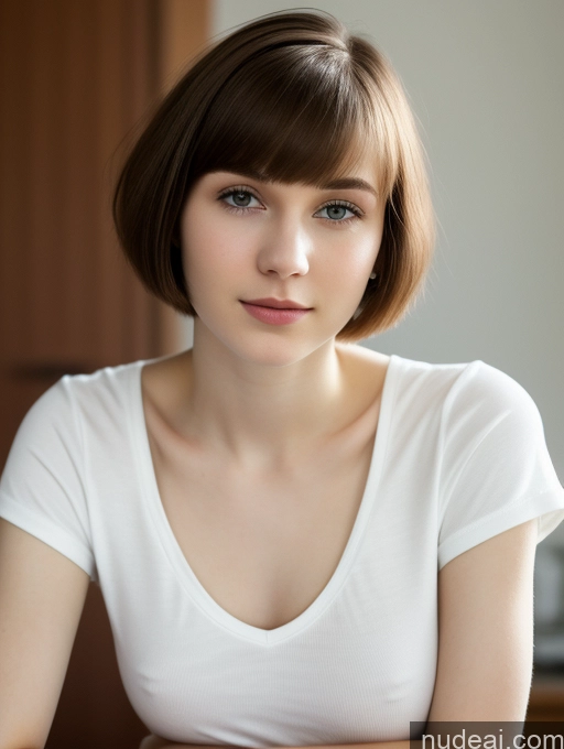 ai nude image of arafed woman with short hair and a white shirt sitting at a table pics of Small Tits Beautiful Skinny Fairer Skin 18 Brunette Russian Close-up View Shirt Short Hair