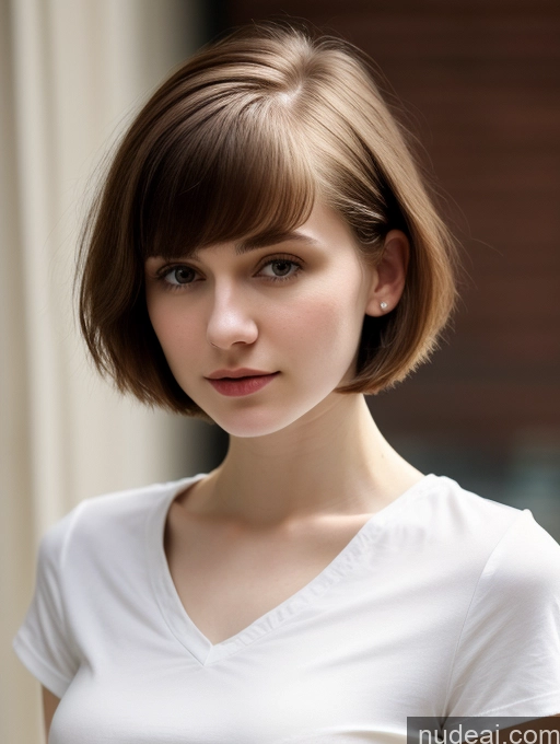 ai nude image of arafed woman with a white shirt and a brown hair pics of Small Tits Beautiful Skinny Fairer Skin 18 Brunette Russian Close-up View Shirt Short Hair