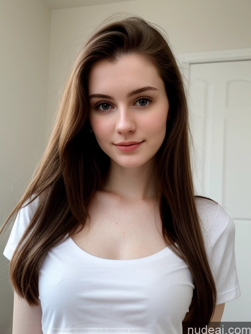 ai nude image of arafed woman with long brown hair and white shirt posing for a picture pics of Small Tits Beautiful Skinny Fairer Skin 18 Brunette Russian Close-up View Shirt Straight