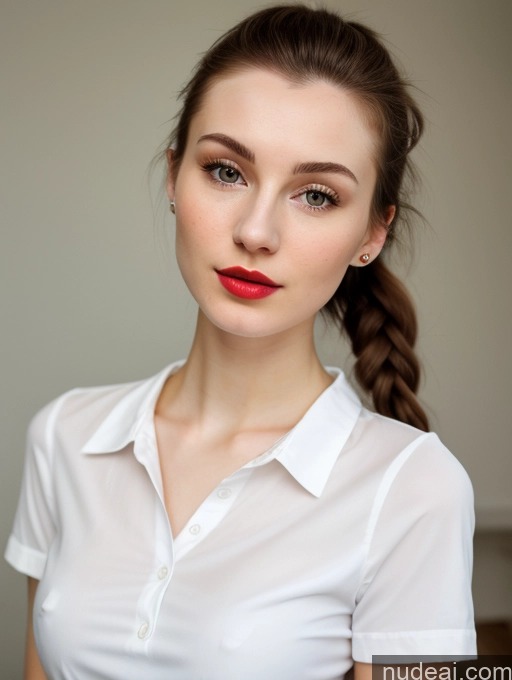 ai nude image of there is a woman with a red lipstick and a white shirt pics of Small Tits Beautiful Lipstick Skinny Fairer Skin 18 Brunette Russian Close-up View Shirt Ponytail