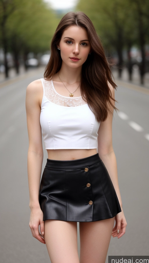 ai nude image of arafed woman in a white top and black skirt on a street pics of One Small Tits Beautiful Skinny Fairer Skin 18 Brunette Russian Blouse Detailed Long Hair Crop Top Tank Top Street Mini Skirt