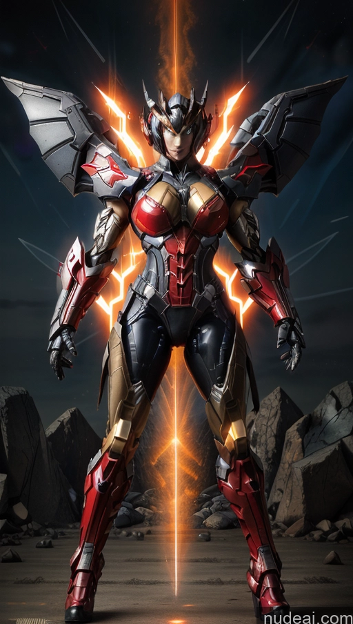 ai nude image of araffe in armor with lightning in the background pics of Bodybuilder Perfect Boobs Muscular Abs Science Fiction Style Vampire Has Wings Powering Up SuperMecha: A-Mecha Musume A素体机娘 Mech Suit Dynamic View Heat Vision