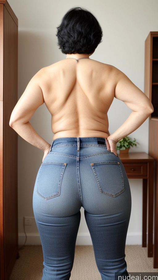 ai nude image of araffed woman in jeans standing in a room with a desk pics of Milf Busty Big Ass Big Hips Pubic Hair Fairer Skin Korean Black Hair 70s Back View Jeans