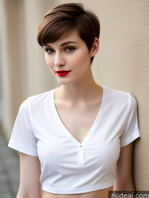 ai nude image of arafed woman with short hair and red lipstick leaning against a wall pics of Lipstick Small Tits Beautiful Skinny Fairer Skin 18 Brunette Pixie Russian Close-up View Shirt