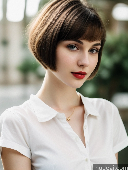 ai nude image of arafed woman with a short bob cut wearing a white shirt pics of Woman One Small Tits Beautiful Skinny 18 Brunette Russian Close-up View Fairer Skin Shirt Lipstick Short Hair