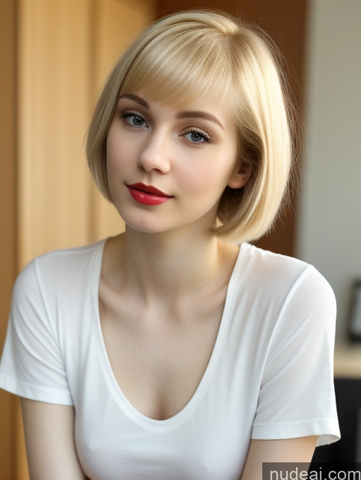 ai nude image of blond woman with short hair and red lipstick posing for a picture pics of Woman One Small Tits Beautiful Skinny 18 Russian Close-up View Fairer Skin Shirt Lipstick Short Hair Blonde