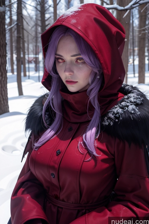 ai nude image of purple haired woman in red coat and black fur collar pics of Clitoris Milf Purple Hair Devil Close-up View Small Tits Snow Cultist Hood