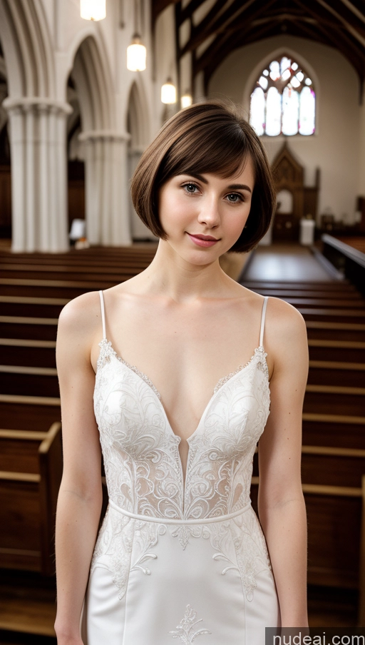 ai nude image of arafed woman in a wedding dress standing in a church pics of Small Tits Beautiful Fairer Skin 18 Brunette Short Hair Russian Small Ass Skinny Dress Detailed Wedding Church