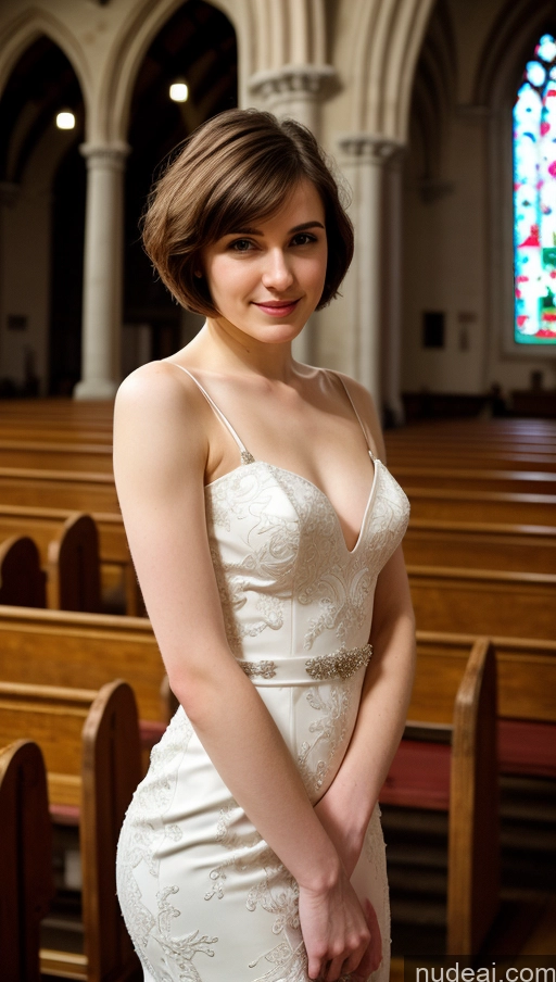 ai nude image of arafed woman in a white dress standing in a church pics of Small Tits Beautiful Fairer Skin 18 Brunette Short Hair Russian Small Ass Skinny Dress Detailed Wedding Church