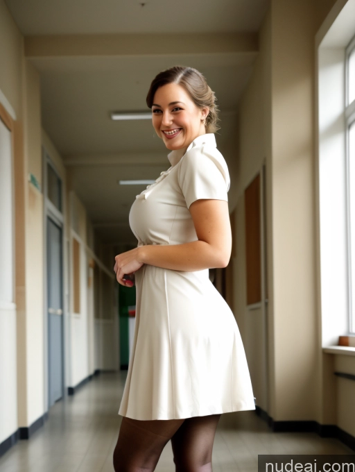 ai nude image of there is a woman in a short white dress standing in a hallway pics of Wife Or Girlfriend Busty Big Ass Big Hips Short Pubic Hair 50s Happy Brunette Pixie White High Heels School Hallway Pantyhose Teacher Full Frontal Dress Traditional