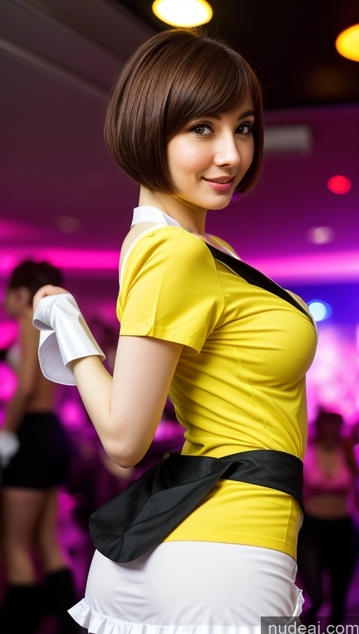 ai nude image of there is a woman in a yellow shirt and black skirt pics of Small Tits Beautiful Fairer Skin 18 Brunette Short Hair Russian Small Ass Skinny Detailed Maid Cosplay Club