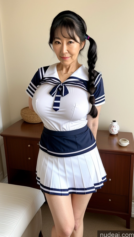 ai nude image of arafed asian woman in a sailor outfit posing for a picture pics of Milf Busty Pubic Hair Fairer Skin Black Hair Big Hips Big Ass 70s Sailor Mini Skirt Korean Pigtails