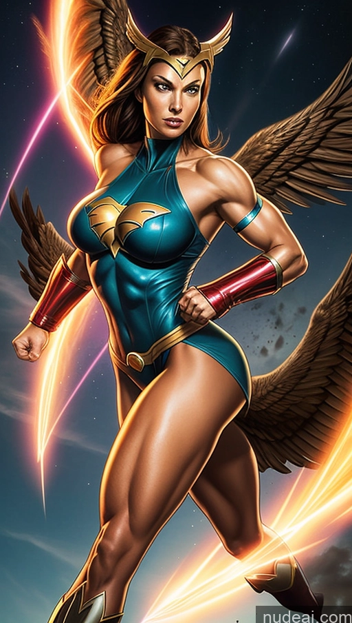 ai nude image of a close up of a woman with a sword and wings pics of Superheroine Perfect Boobs Muscular Abs Hawkgirl Several Powering Up Science Fiction Style Dynamic View Heat Vision