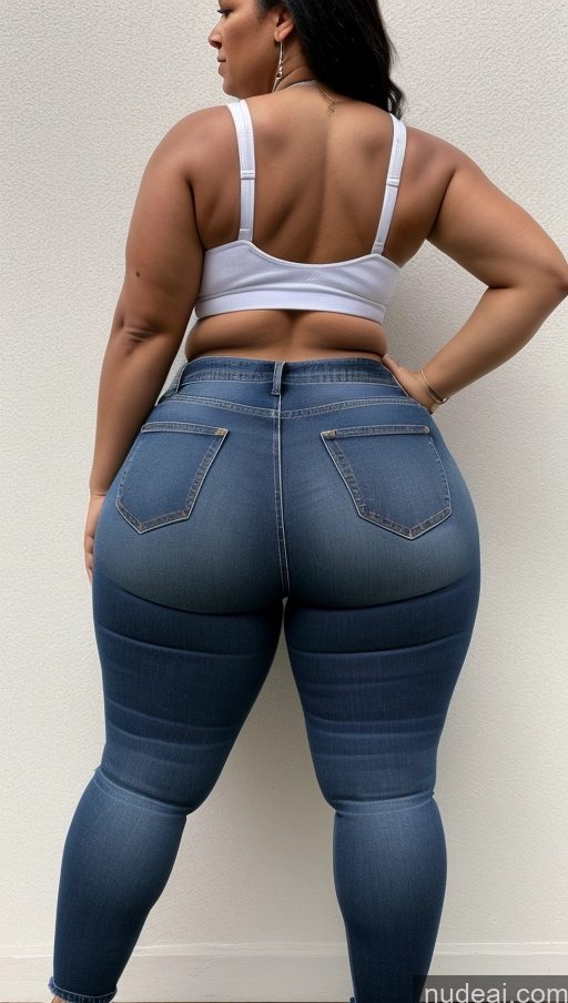 ai nude image of a woman in a white top and jeans standing against a wall pics of Athlete Big Hips Big Ass Jeans