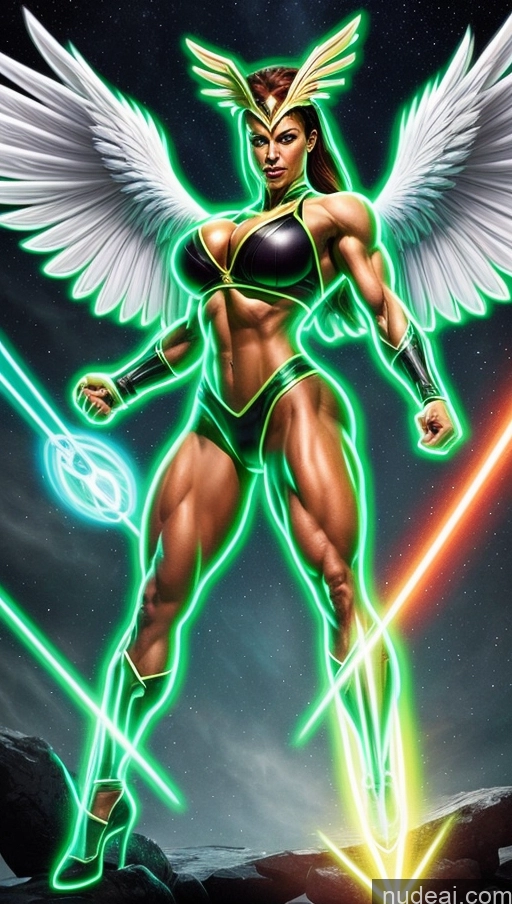 ai nude image of a woman with wings and a sword in a green light pics of Perfect Boobs Hawkgirl Several Powering Up Science Fiction Style Dynamic View Heat Vision Neon Lights Clothes: Green Bodybuilder