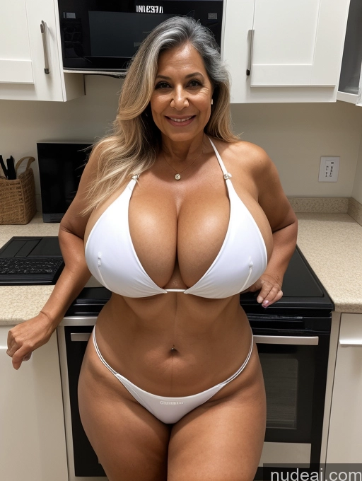 ai nude image of araffe woman in a white bikini posing in a kitchen pics of Milf One Busty Huge Boobs Tanned Skin Front View Microkini Thong Brazilian Lab Coat Professor 70s