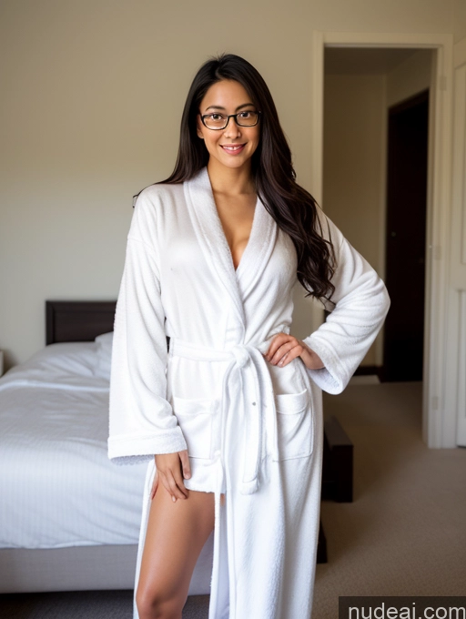 ai nude image of arafed woman in a white robe standing in a bedroom pics of Small Tits Beautiful Big Ass Thick Big Hips Long Legs Tall Long Hair Japanese Abs Skinny Glasses Perfect Body Black Hair Lingerie Model Nightgown Front View T-pose Bathrobe