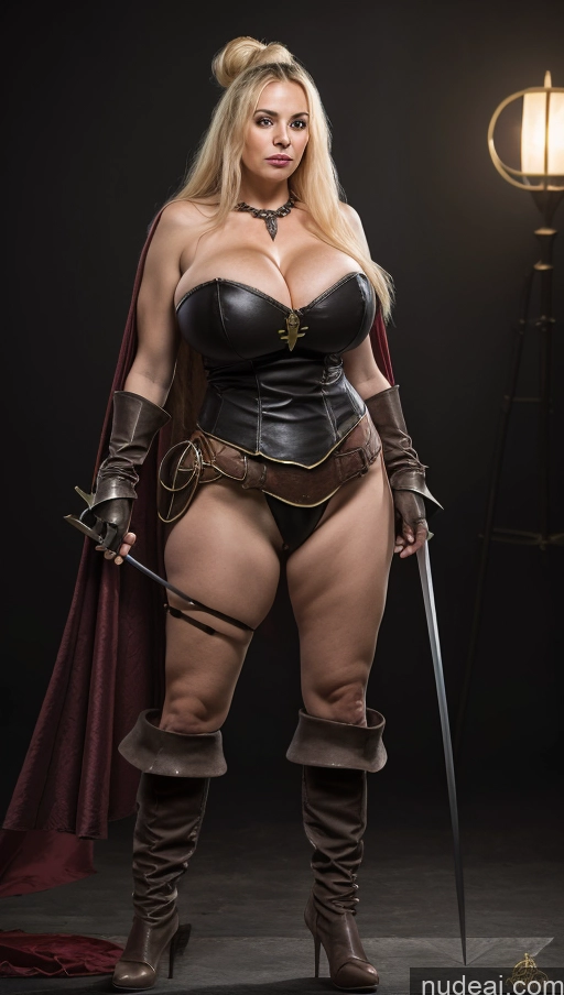 ai nude image of arafed woman in a corset and cape posing with a sword pics of Milf Two Huge Boobs Beautiful Big Ass Long Legs Pubic Hair 60s Blonde French Nude Fantasy Armor Medieval Traditional Dark Lighting Hair Tied Up French Musketeer Dress Partially Nude Cleavage