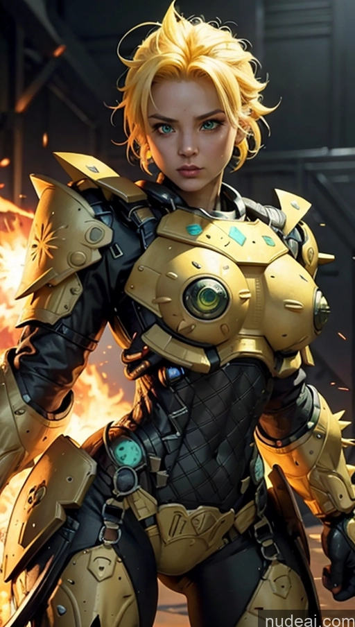 ai nude image of a close up of a woman in a suit with a fire in the background pics of EdgHalo_armor, Power Armor, Wearing EdgHalo_armor, Perfect Boobs Abs Super Saiyan Powering Up