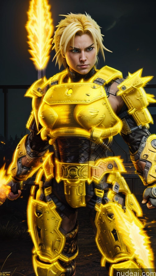 ai nude image of a close up of a person with a fire in their hand pics of EdgHalo_armor, Power Armor, Wearing EdgHalo_armor, Abs Powering Up Super Saiyan 3 Neon Lights Clothes: Yellow