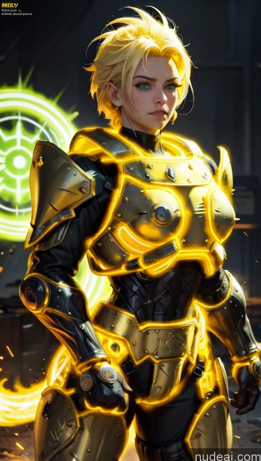 ai nude image of a close up of a woman in a suit with a glowing yellow light pics of EdgHalo_armor, Power Armor, Wearing EdgHalo_armor, Abs Powering Up Super Saiyan 3 Neon Lights Clothes: Yellow