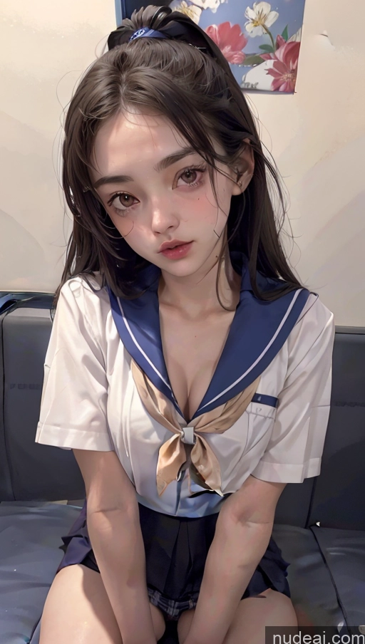 ai nude image of there is a woman sitting on a couch wearing a sailor outfit pics of Sorority Skinny 18 Serious Japanese Train Close-up View Downblouse: 俯身露乳 JK Uniform Cleavage Detailed Busty