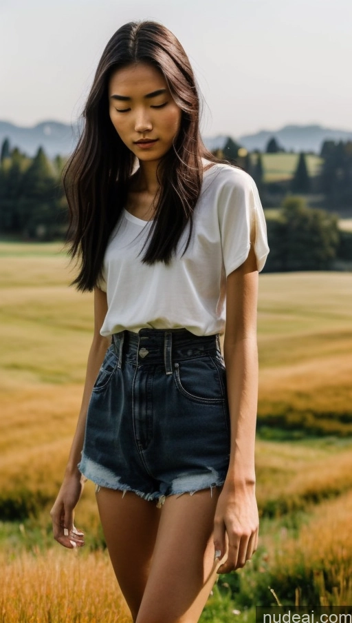 ai nude image of a woman standing in a field of tall grass with a white shirt pics of Skinny 18 Serious Black Hair Chinese Skin Detail (beta) Meadow Close-up View High-waist Denim Shorts Detailed Holding Hands And Travel With Your Cyber-wife