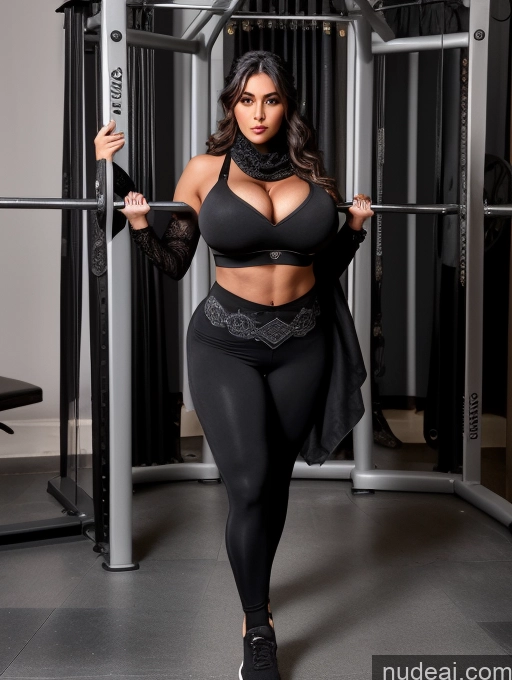 ai nude image of arafed woman in black top and leggings posing in a gym pics of One Busty Huge Boobs Perfect Boobs Muscular Big Ass Abs Big Hips 20s Seductive Black Hair Slicked Turkish Gym Working Out Goth Scarf Vampire Victorian Sexy Face Better Leggins - Goth Huge Tits, Hard Nipples Miss Universe Model