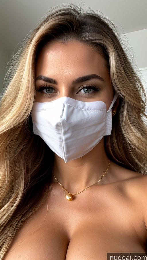 ai nude image of a close up of a woman wearing a face mask with a gold necklace pics of One Pubic Hair Perfect Body 30s Serious Blonde Long Hair Swedish Diamond Jewelry Gold Jewelry Jewelry Pearl Jewelry Cleavage Huge Boobs Face Mask