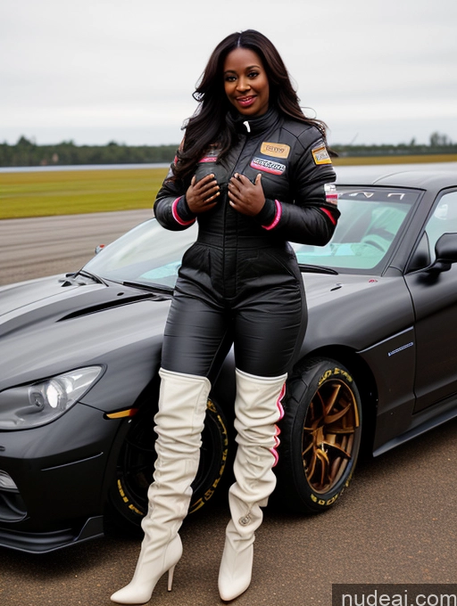 related ai porn images free for Busty Perfect Boobs Beautiful Perfect Body Dark Skin 40s Long Hair Soft + Warm Front View Boots Jumpsuit Race Driver Jacket