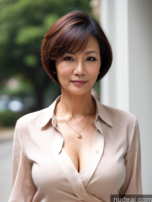 ai nude image of there is a woman that is standing outside in a shirt pics of 60s Vietnamese Blouse Casual Shirt Cleavage Detailed Sexy Face Wife Or Girlfriend Short Hair