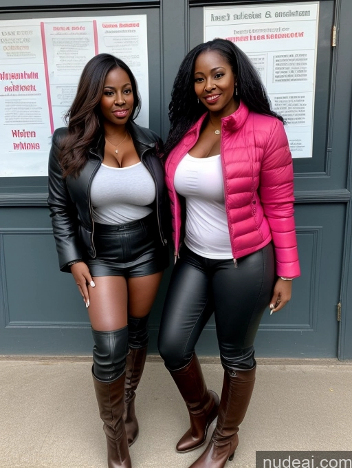 ai nude image of two women in leather pants and jackets posing for a picture pics of Busty Perfect Boobs Beautiful Perfect Body Dark Skin 40s Two Long Hair Nigerian Soft + Warm Front View Boots Jacket Leather Teacher