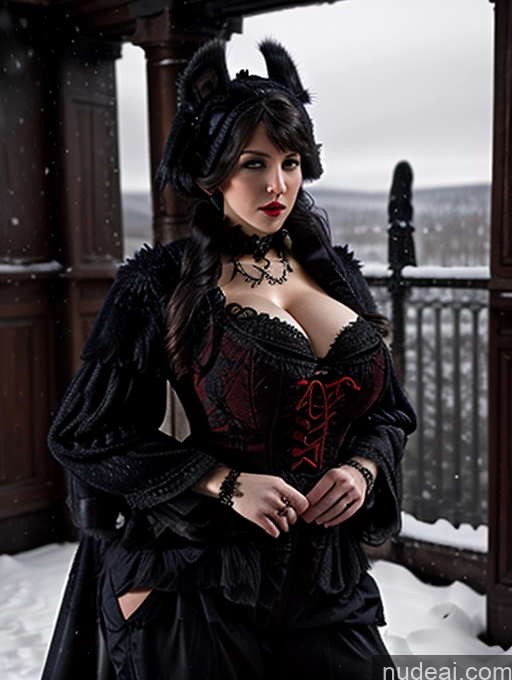 Model One Busty Huge Boobs Perfect Boobs Muscular Big Ass Abs Big Hips Huge Tits, Hard Nipples 20s Seductive Sexy Face Slicked Italian Snow Fur Harem Pants Vampire Victorian Modern Victorian Fashion Dress Ghotic Style V1 Simple Dark Lighting Black Hair