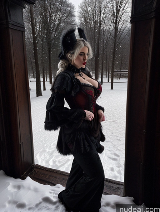 Model One Busty Huge Boobs Perfect Boobs Muscular Big Ass Abs Big Hips Huge Tits, Hard Nipples 20s Seductive Sexy Face Slicked Italian Snow Fur Harem Pants Vampire Victorian Modern Victorian Fashion Dress Ghotic Style V1 Simple Dark Lighting Black Hair