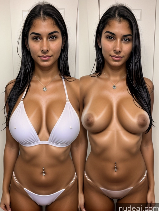 ai nude image of two women in white bikinis posing for a picture in a bathroom pics of Woman Two Perfect Boobs Perfect Body Oiled Body 18 Serious Black Hair Straight Indian Bikini Cleavage Diamond Jewelry Bright Lighting Onoff