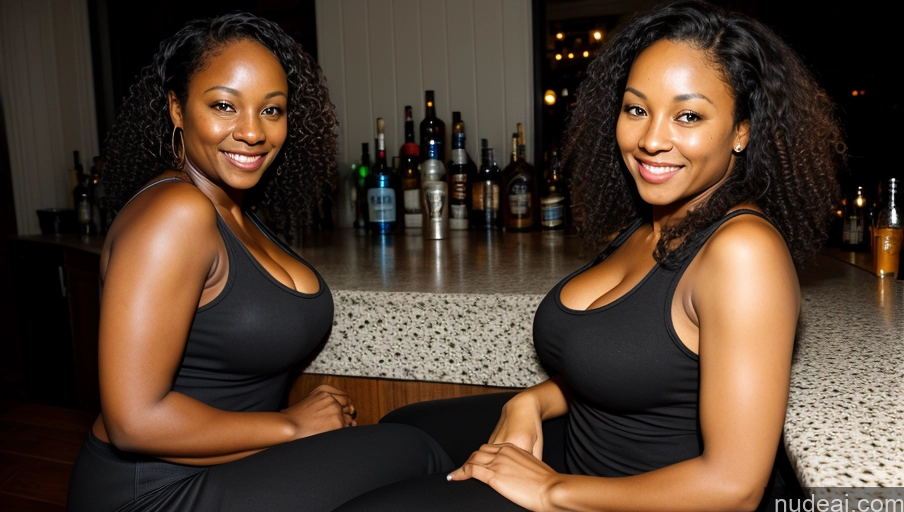 ai nude image of two women sitting on a bar with bottles of alcohol behind them pics of Wife Or Girlfriend Busty Big Ass Thick Big Hips Short Pubic Hair Dark Skin 40s Happy Black Hair Curly Hair Black Full Frontal Tank Top Yoga Pants Cleavage Detailed Bar